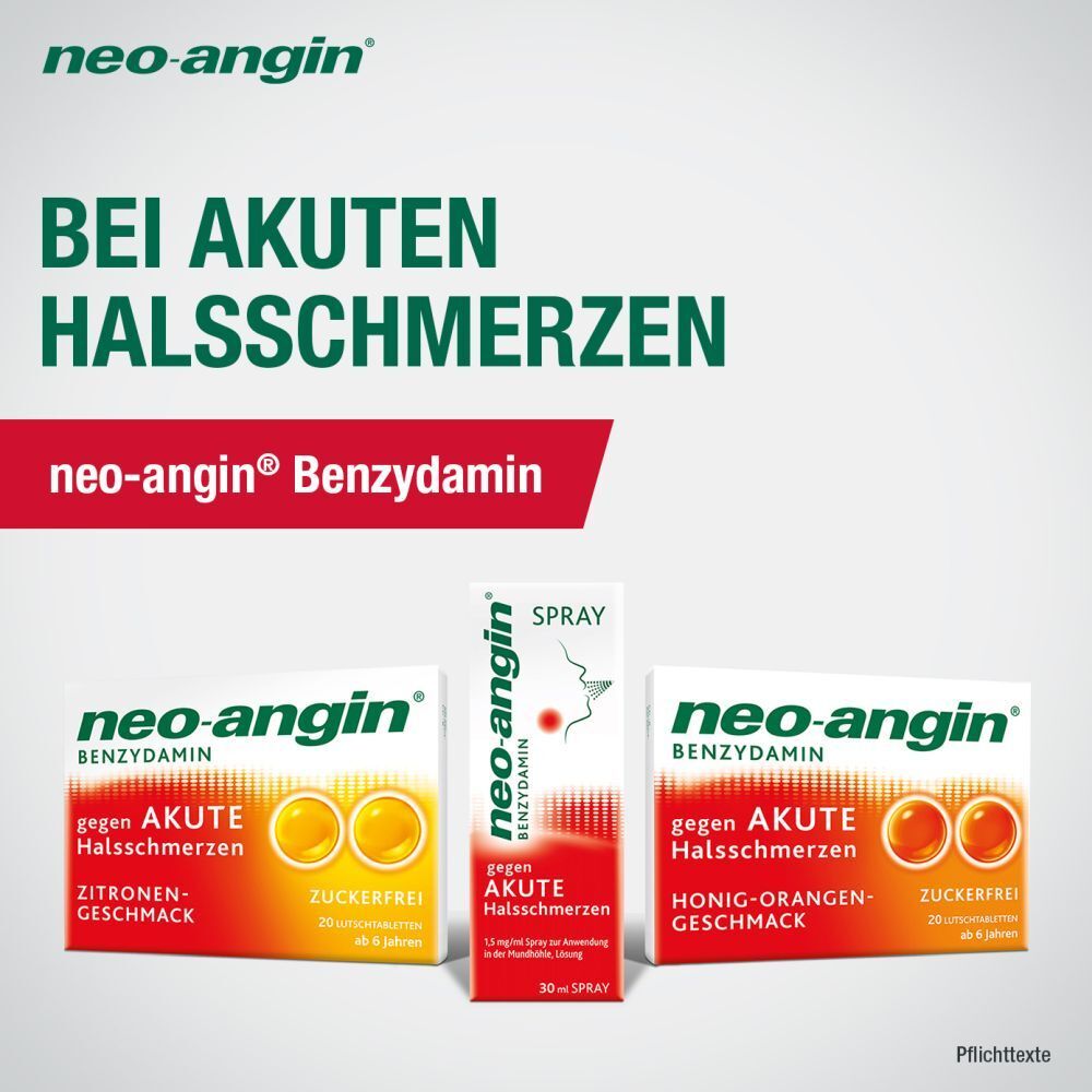 neo-angin Benzydamin gegen akute Halsschmerzen - Honig-Orangengeschmack - zuckerfrei