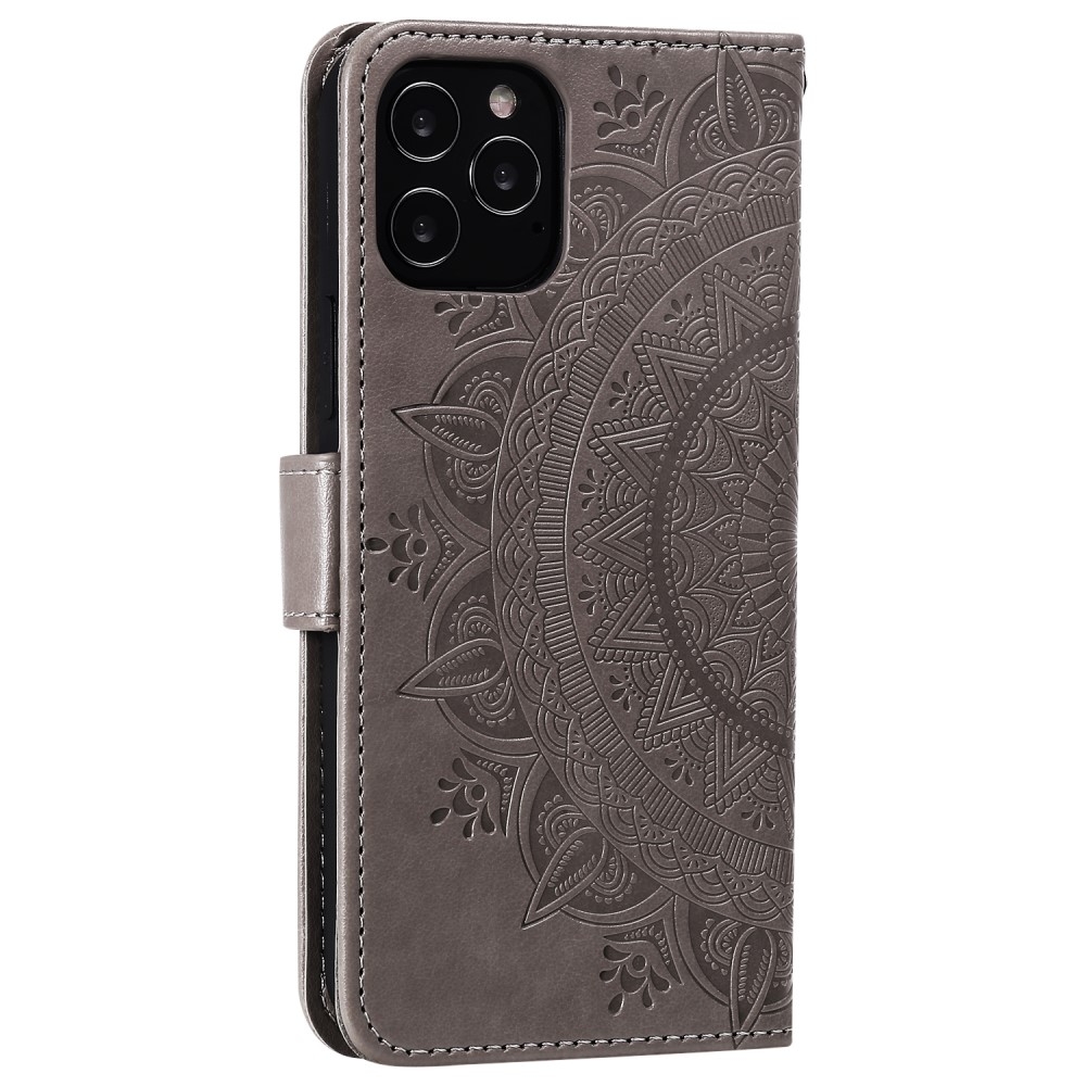 iPhone 12 / iPhone 12 Pro Leder Tasche Wallet - Mandala Flowers Imprint - Grau