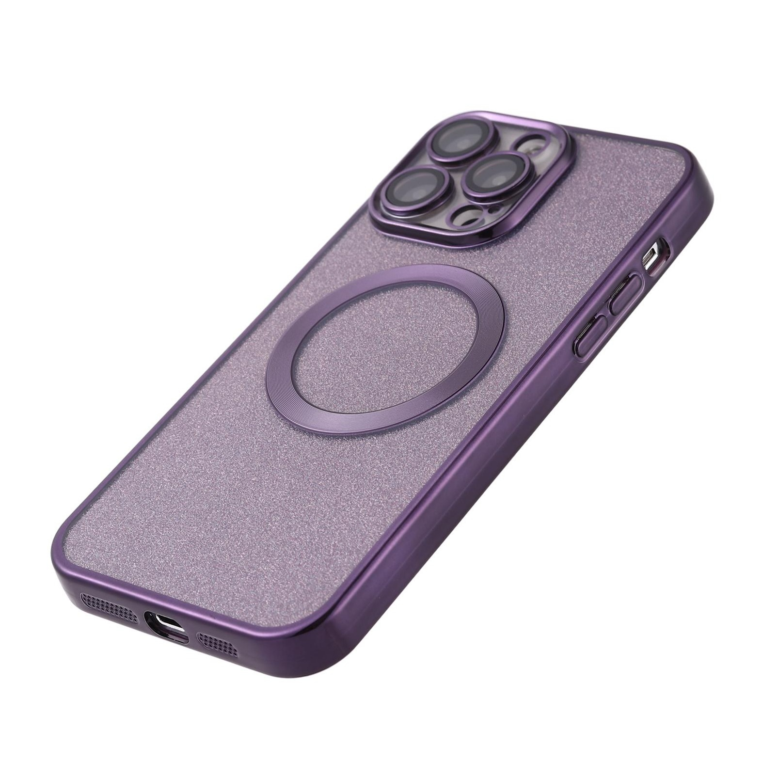 iPhone 14 Pro MagSafe Gummi Case Hülle mit Acryl Kameraglasschutz im Glitzer Design - Lila / Transparent