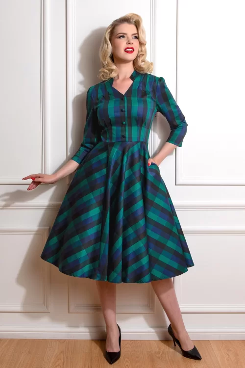 Hearts & Roses Jane swing jurk in marineblauw en groen
