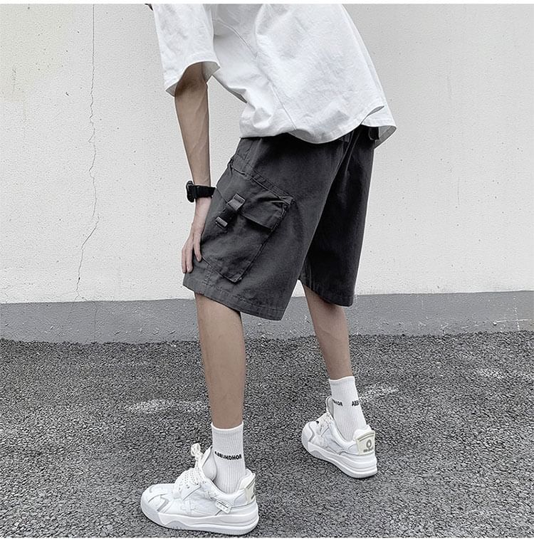 Femilina - Mid Rise Washed Buckled Cargo Shorts