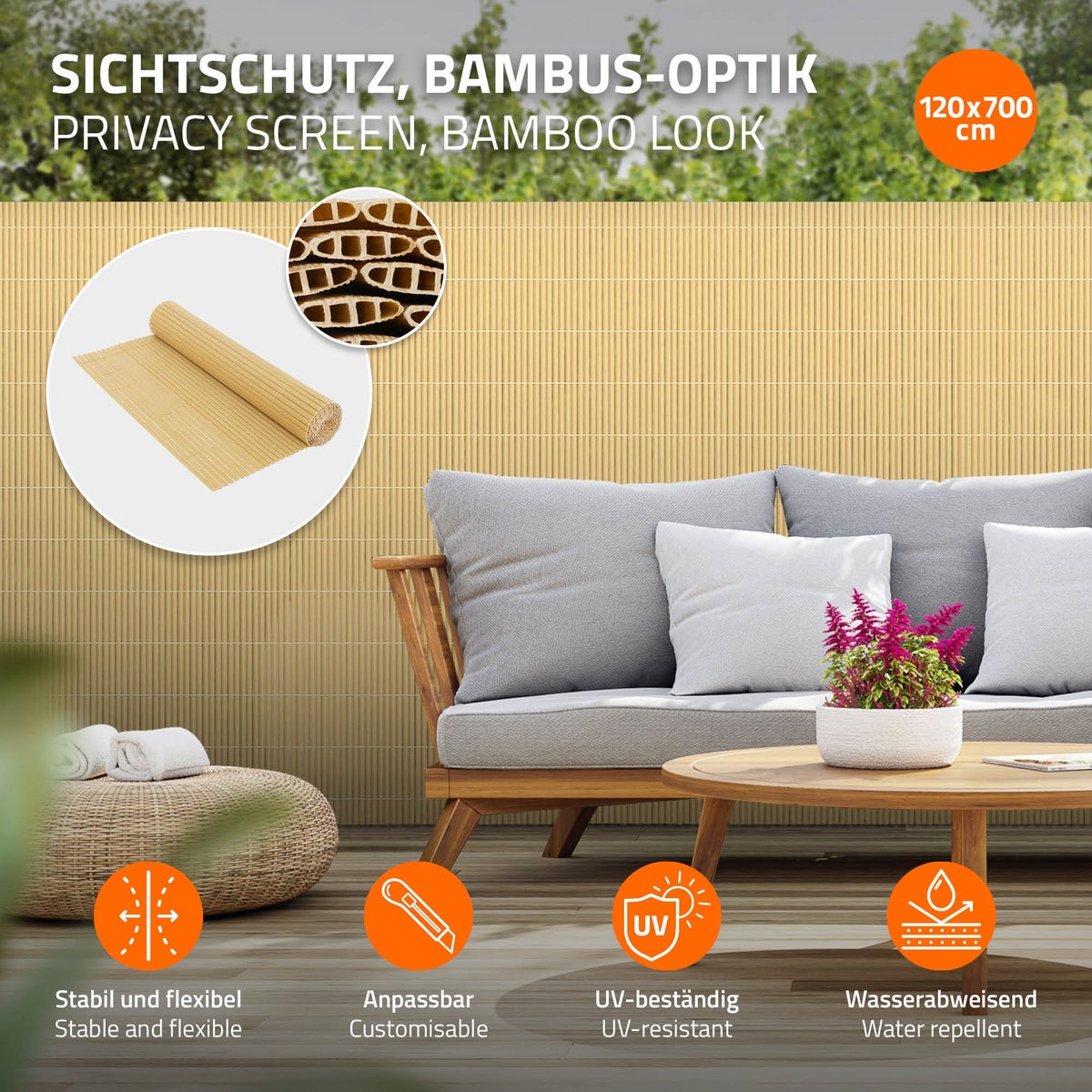 ECD Germany PVC-inkijkschermmat 120 x 700 cm (1x3m + 1x4m), bamboe, inkijkscherm met 3-voudige wapening, UV-bestendig, windbreker, balkonbekleding, schuttingscherm, inkijkscherm voor tuin, balkon, terras