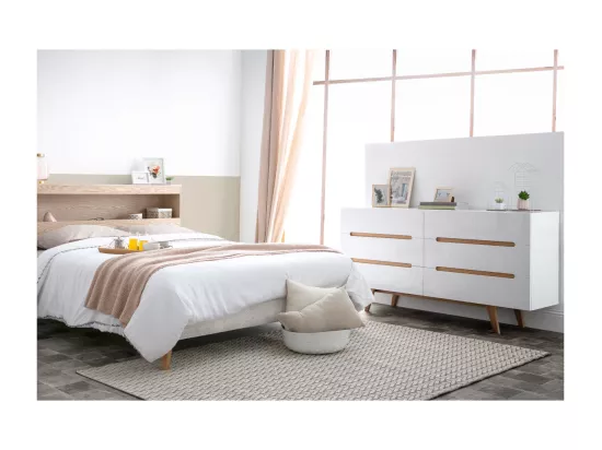 Commode scandinave finition blanc brillant laqué 6 tiroirs L160 cm MELKA