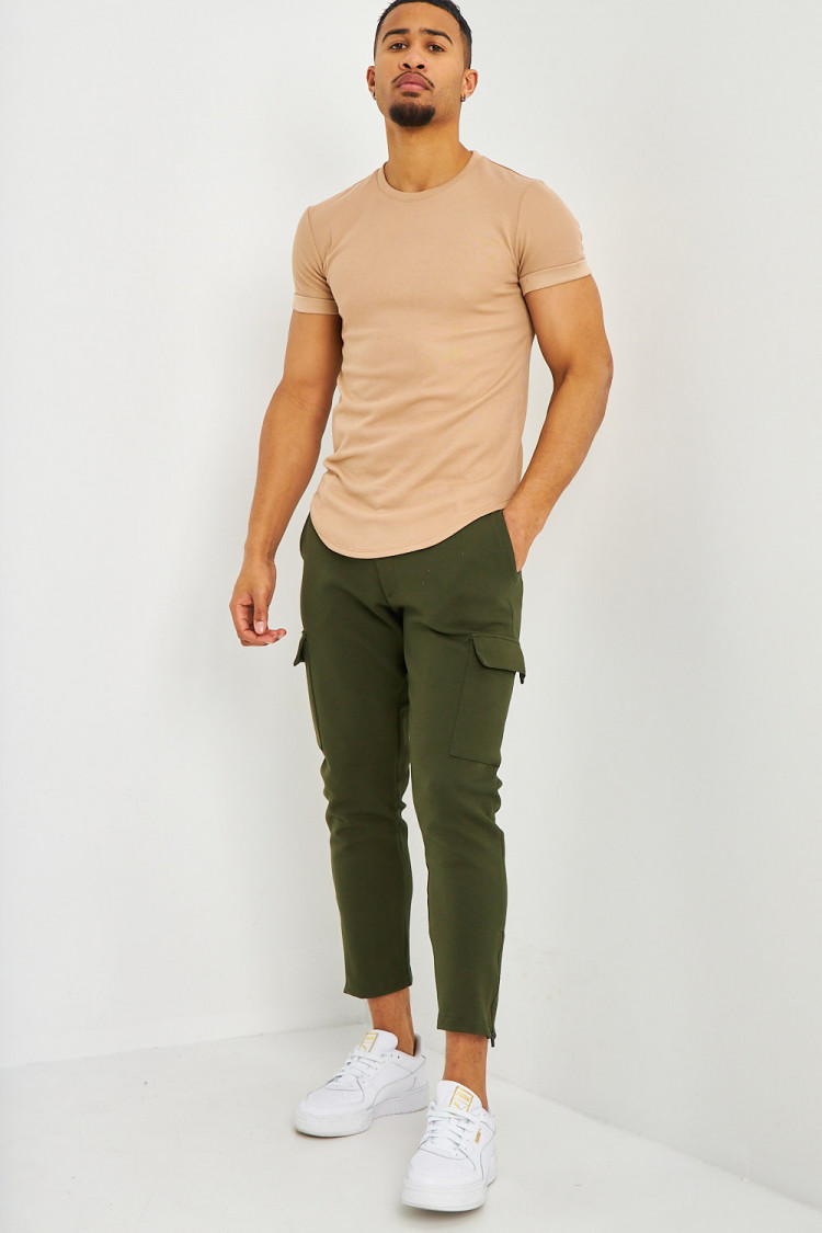 T-shirt côtelé beige foncé manches courtes à revers