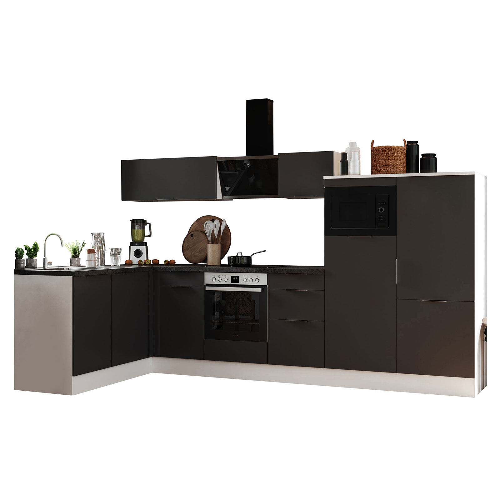 RESPEKTA Winkelküche - grau matt - weiß matt - mit E-Geräten - 340x175 cm