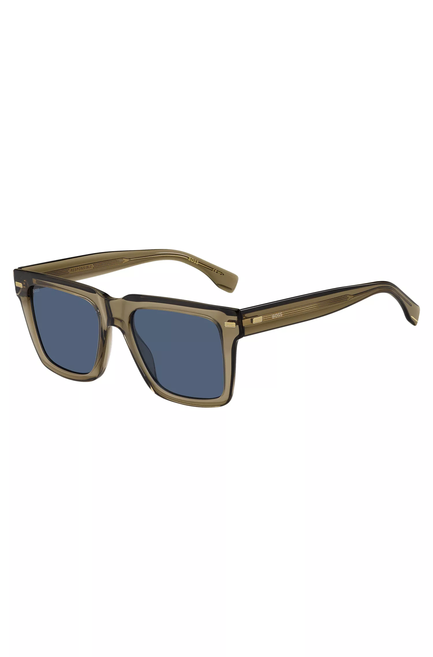 Óculos de sol BOSS em bioacetato preto e marrom com rebites estampados.