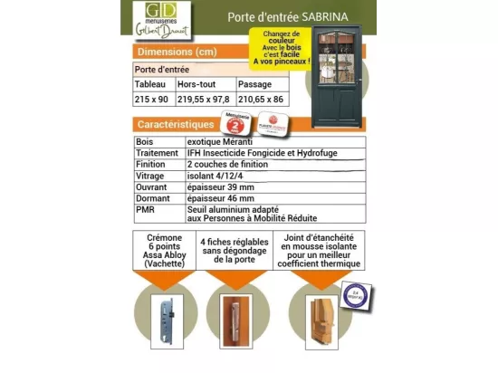 Porte D'Entrée Bois Vitrée, Sabrina , Gris Ral7016, H,215Xl,90 P,Gauche Cote Tableau