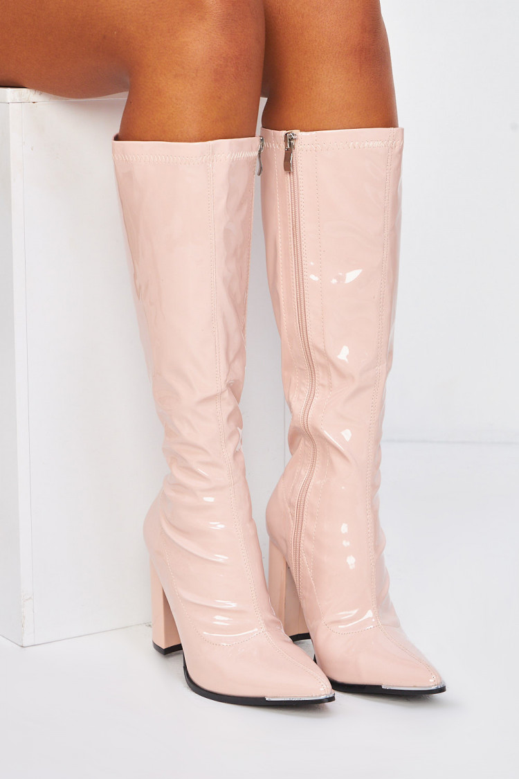Bottes beiges laquées à talon bloc