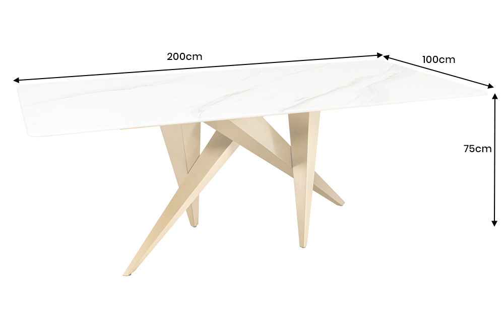 Design Esstisch ART LIVING 200cm weiß Marmor Keramik Metall brushed champagner gold