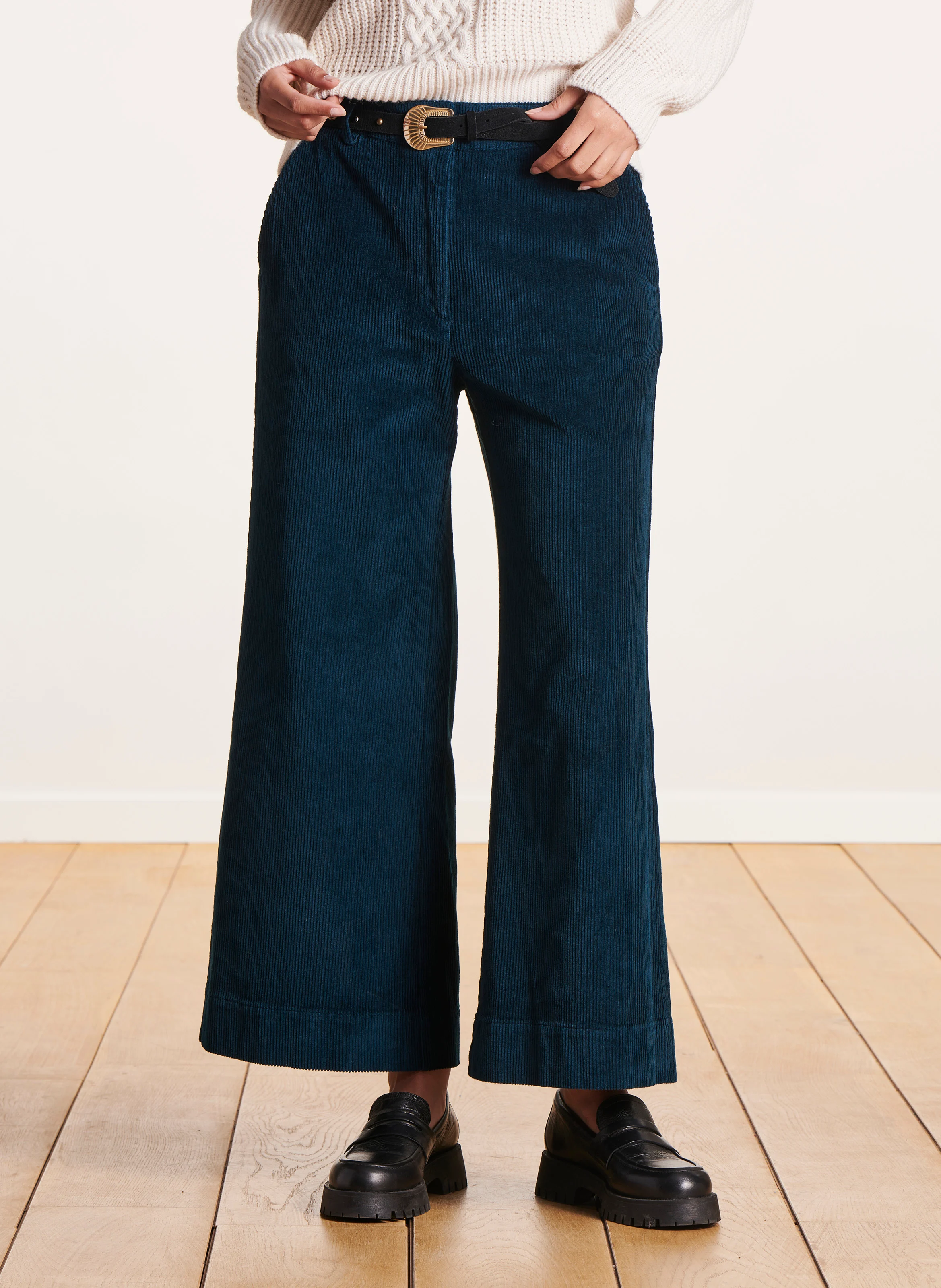 Pantalon large taille haute en coton mélangé | Bleu