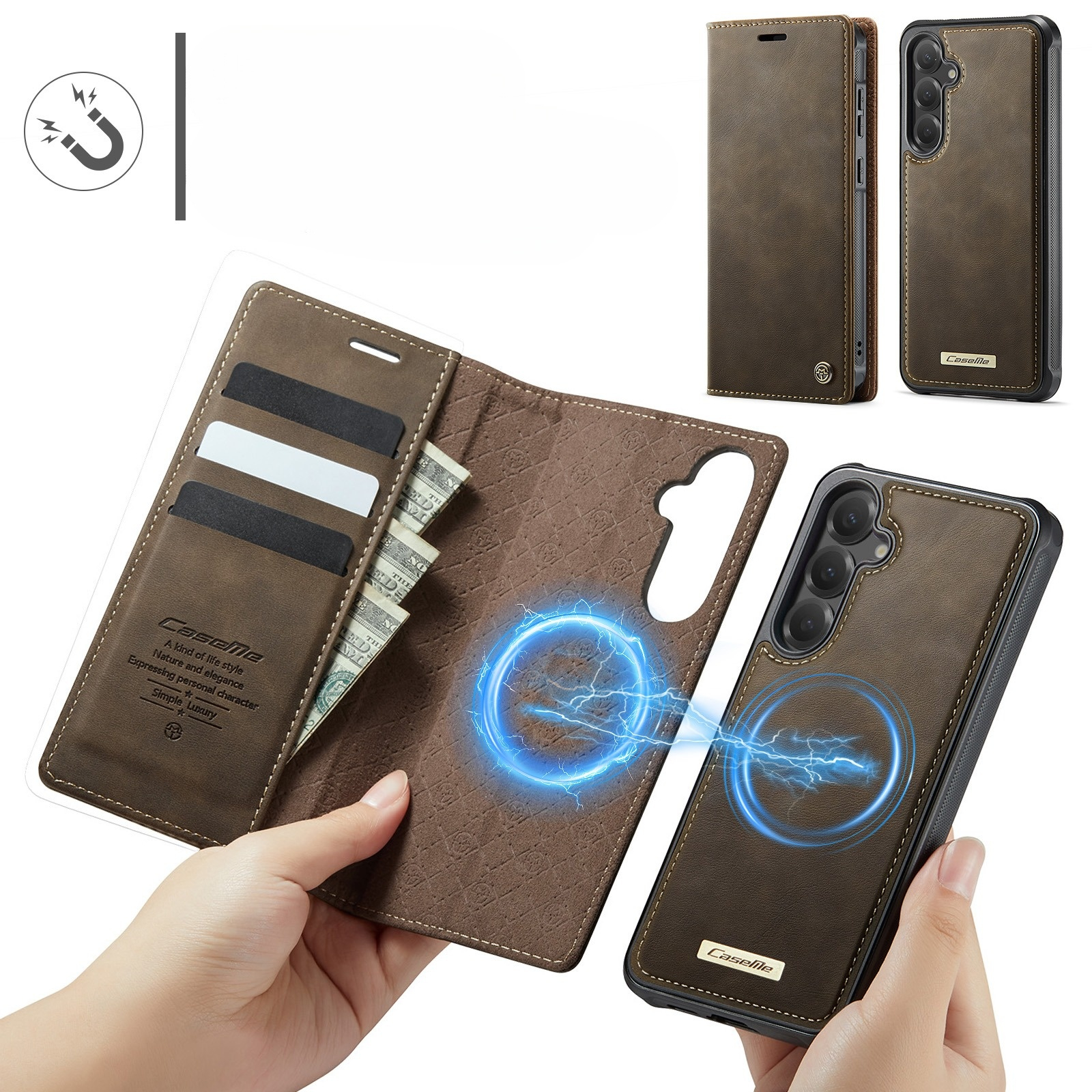 Samsung Galaxy S25 / S24 2in1 Leder Tasche   Magnet Hardcase Karten Etui MagSafe-Modul (RFID Schutz) - Braun