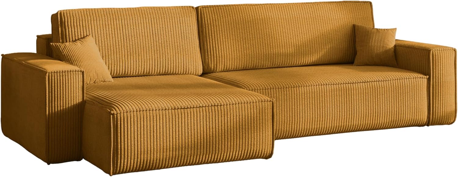 Kaiser Möbel - Ecksofa mit Schlaffunktion und Bettkasten, Schlafsofa mit Bettzeugbehälter, Wohnlandschaft L-Form, Klappsofa, Cord Stoff, Bequemes Couch für Wohnzimmer, Best XL, Senffarbe, Links
