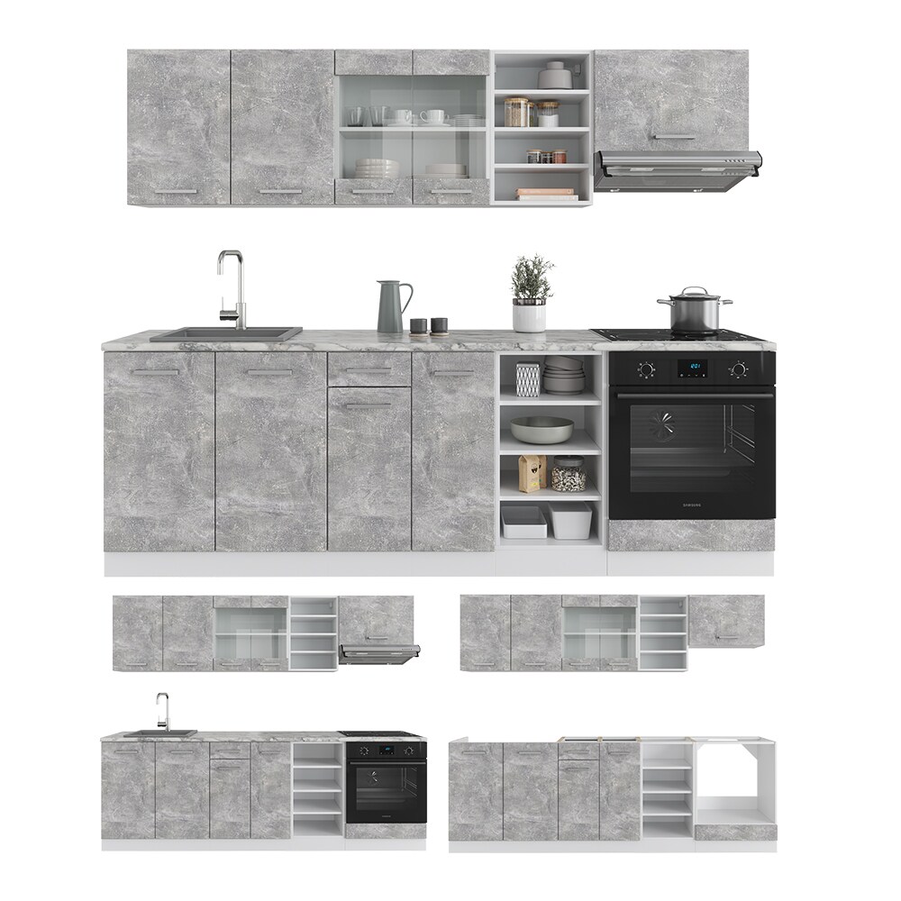 Vicco Küchenzeile Küchenblock Einbauküche R-Line 240 cm Weiß Beton Arbeitsplatte