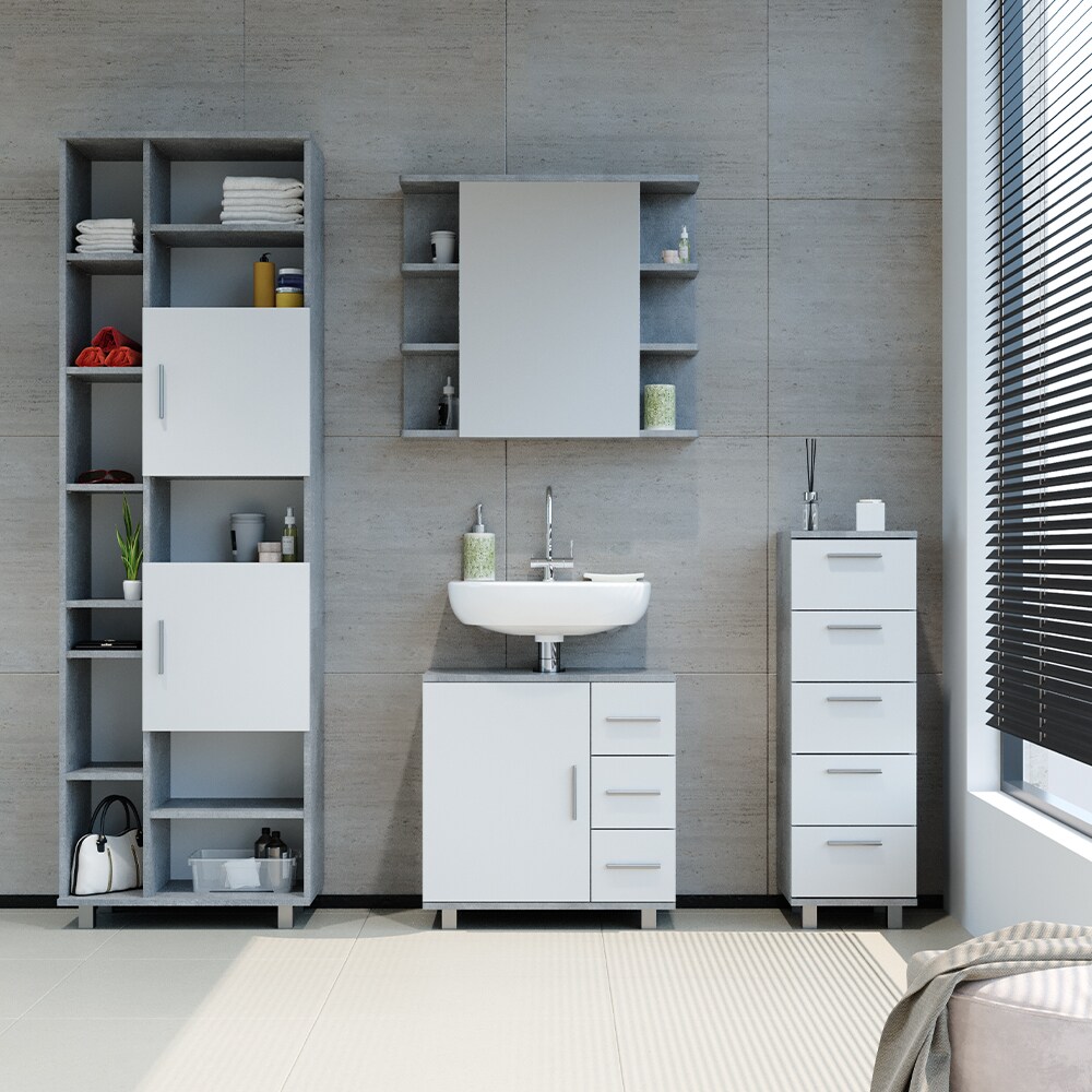 VICCO Badschrank ILIAS 190 x 60 cm Weiß Beton - Hochschrank Regal Badregal