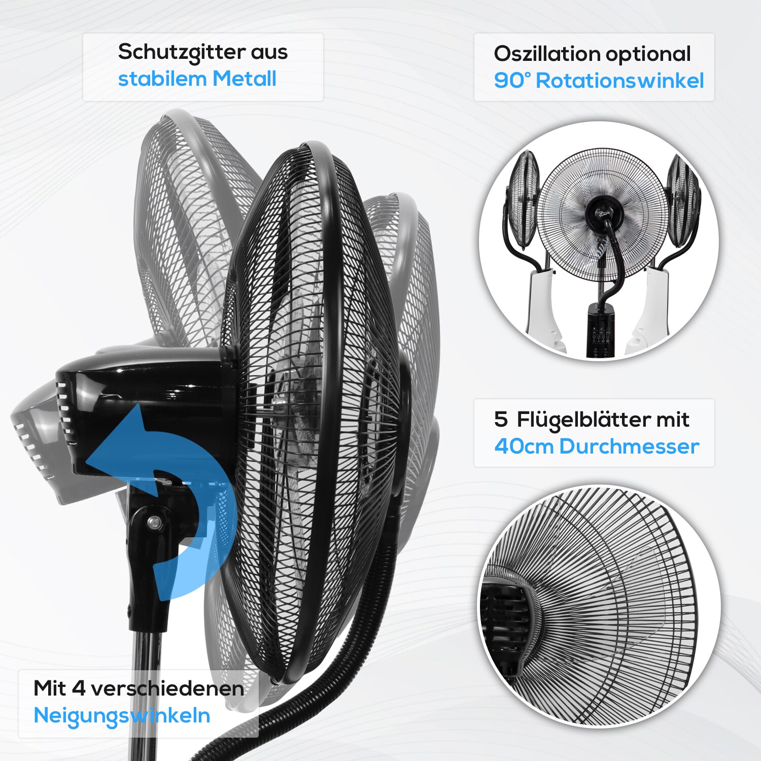 TroniTechnik® Standventilator mit Wasserkühlung, Sprühnebel Raumbefeuchter, Fernbedienung, Oszillierend, 3 Stufen, Timer