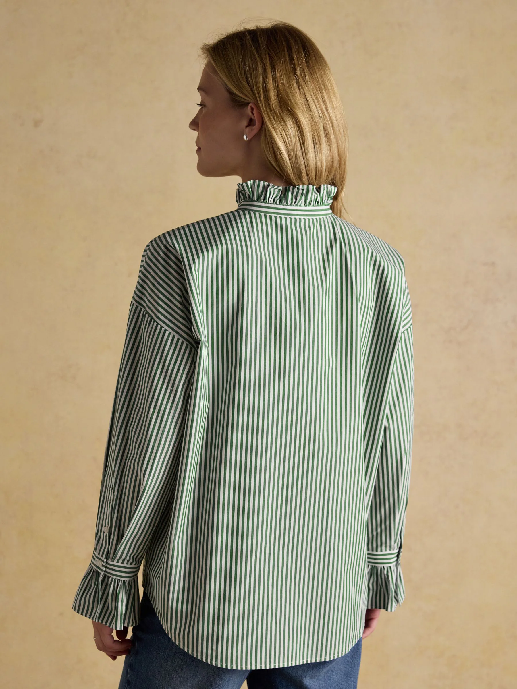 Groen, wit - Joules Mae Oversized Frill Neck Stripe Shirt