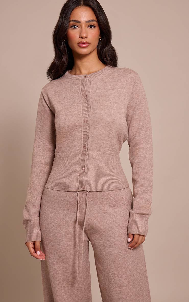 Taupe Cardigan Côtelé Ajusté À La Taille En Maille Petite
