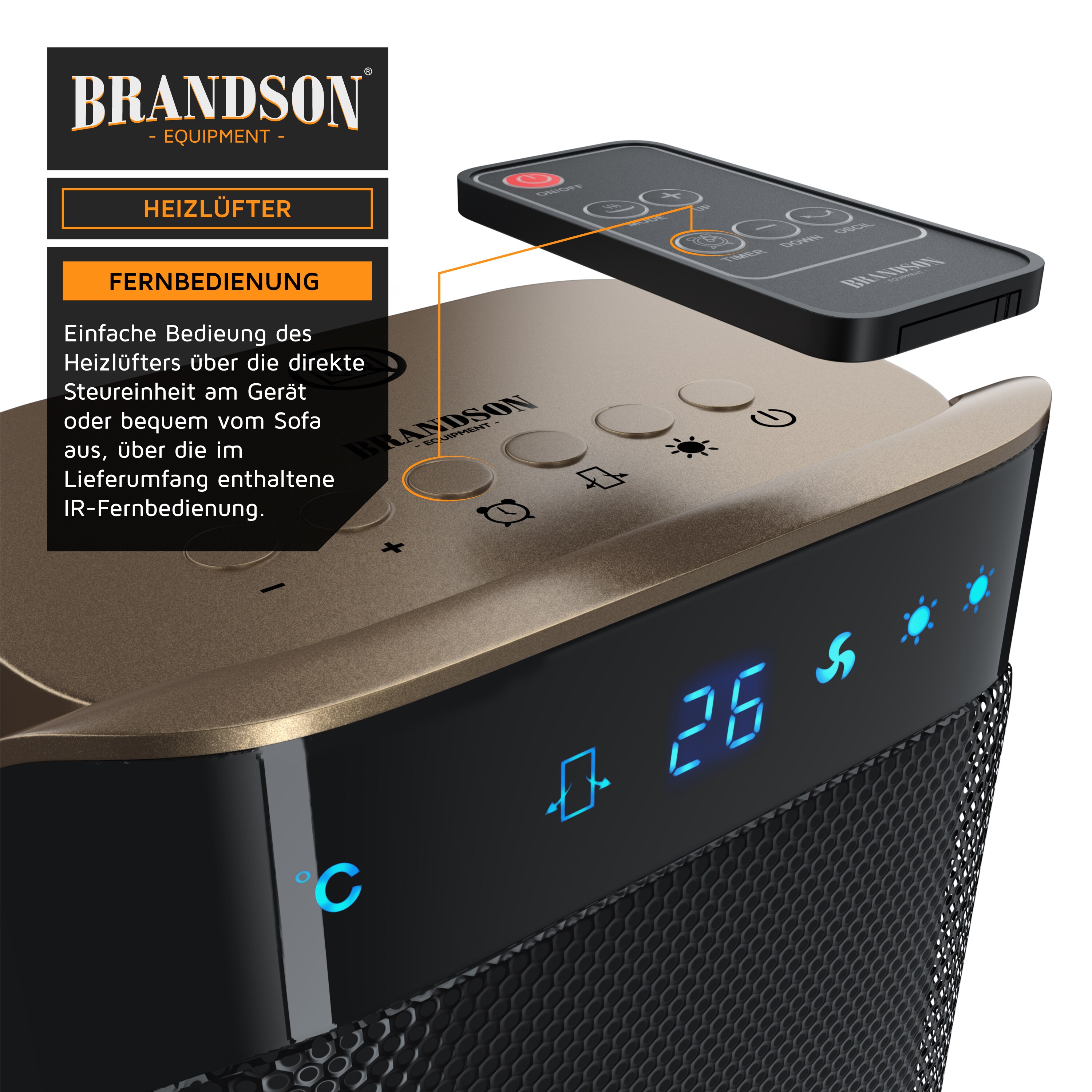 Brandson Heizlüfter energiesparend, Keramik Heizlüfter, 2000W, 2 Leistungsstufen, Überhitzungsschutz, Automatische Abschaltung, Umkippschutz