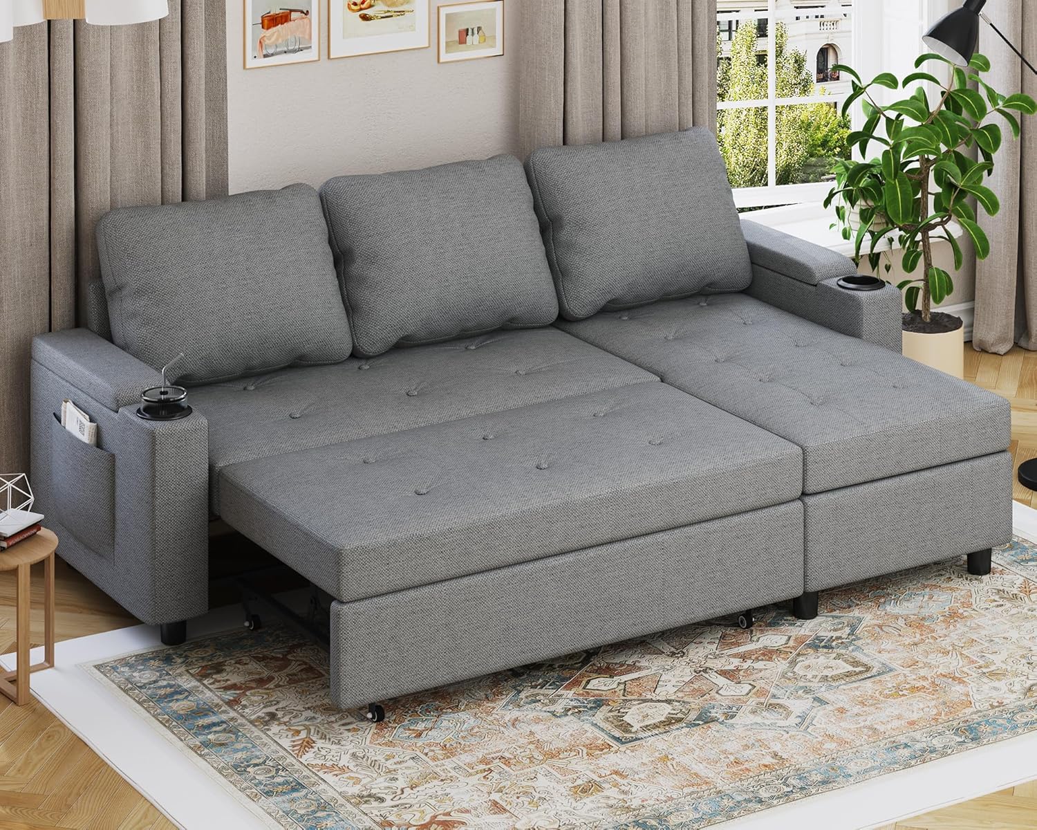 Devoko Ecksofa mit Schlaffunktion und Bettkasten L-Form Sofa 3-Sitzer Ausziehbares Schlafsofa Leinen Couch Kleines Schlafcouch für Wohnung und Wohnzimmer, Hellgrau