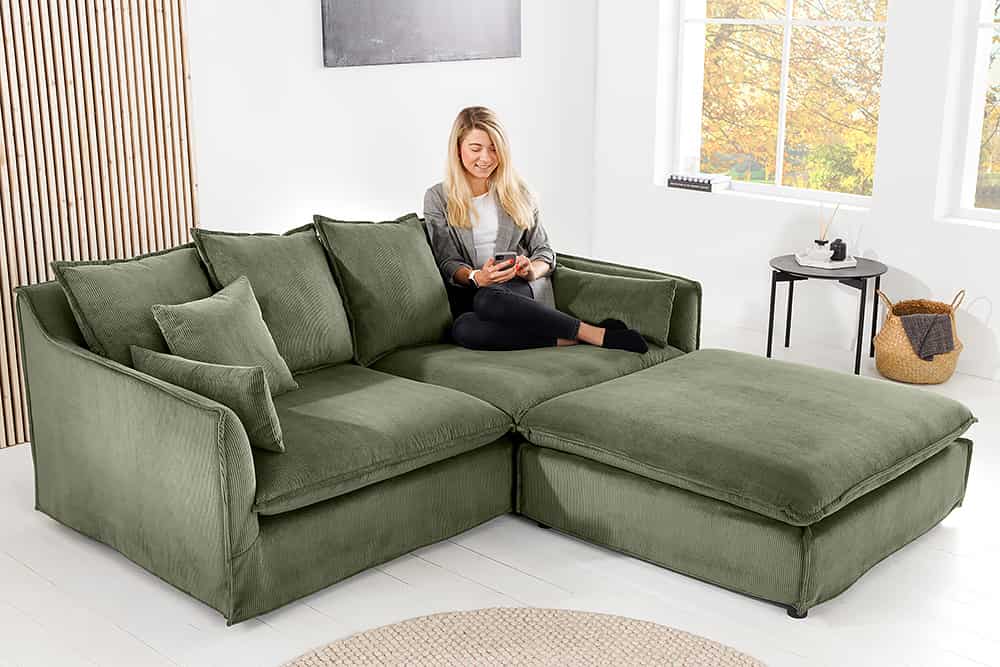 Großes 3-Sitzer Sofa HEAVEN 200cm grün Cord Federkern Hussensofa