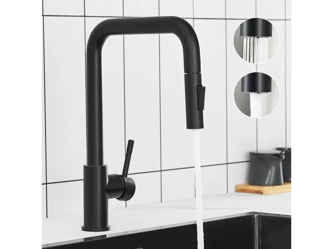 Noir Evier à Encastrer 1 Bac avec Egouttoir, Quartz et Résine, 65x45cm + Mitigeur avec Douchette Extractible, Noir