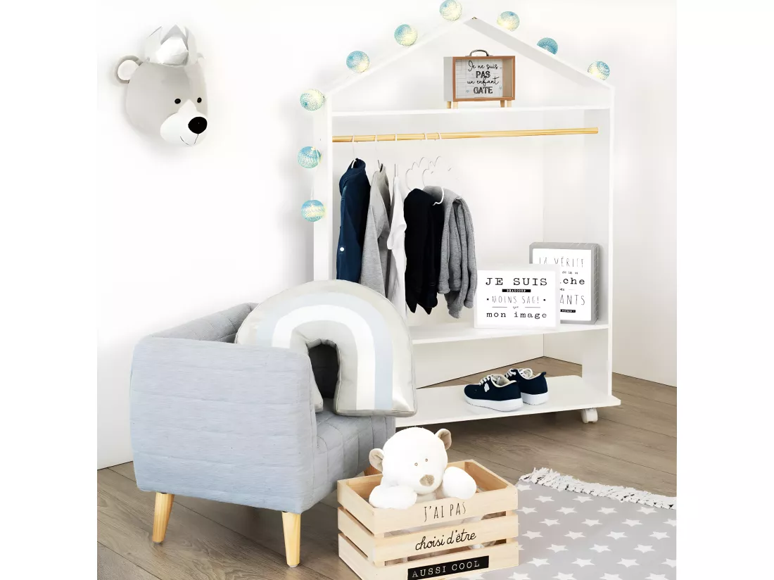 Penderie enfant à roulettes coloris blanc - L.80,5 x l.36 x H.120 cm