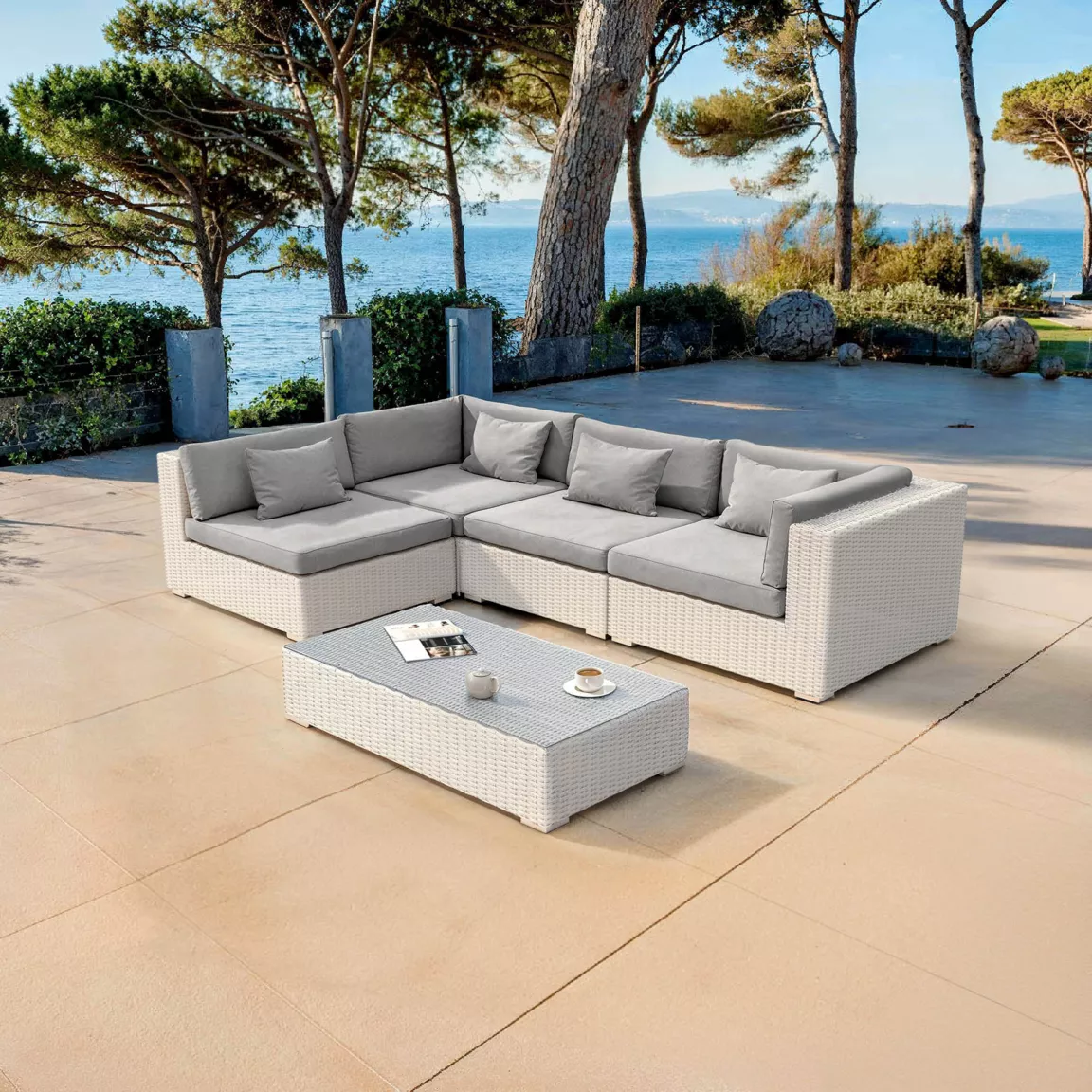 Salon de jardin en résine tressée 4 places 5 pcs Palma Blanc et gris