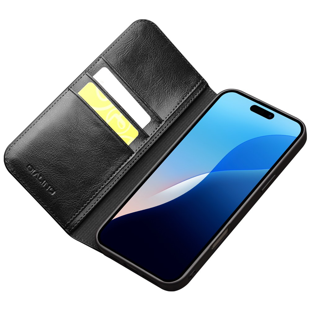 iPhone 16 Pro Max Echtleder Tasche Flip Wallet Cover mit Kartenfächer - Schwarz