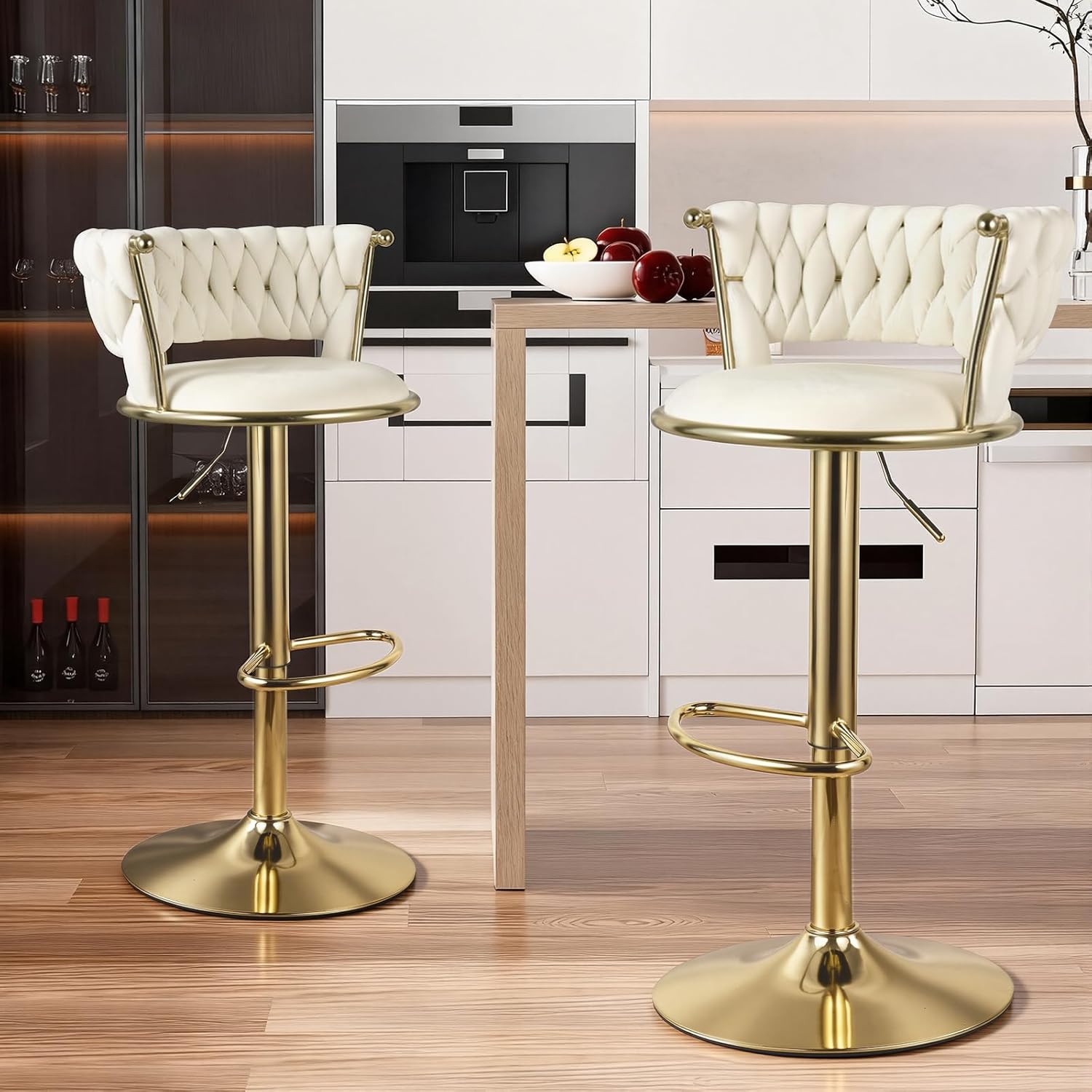 Aivermeil Barhocker 2er Set | Höhenverstellbar Barstuhl mit Metallrahmen • Ergonomisch Küchenhocker mit geflochtener Rückenlehne für Küche/Hausbar • Gold/Beige