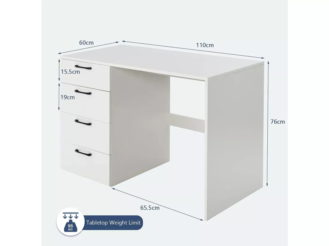 Bureau Droit avec 4 Tiroirs MDF Finition Mélaminé et Laqué UV - L110 x P60 x H76 cm- Brillance Blanche