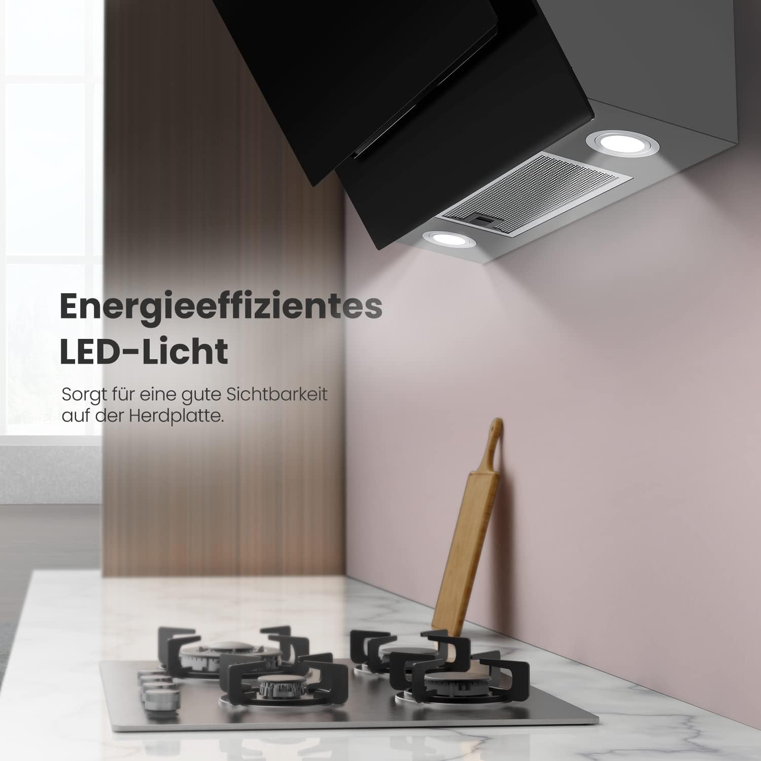 COMFEE' CH60J72ET6A3B A+++ Dunstabzugshaube 60 cm, 650m³/h Luftstrom, Kopffreihaube 60cm Umluft und Abluft, Touchscreen, Gestensteuerung, 4 Geschwindigkeiten, LED, Schwarz