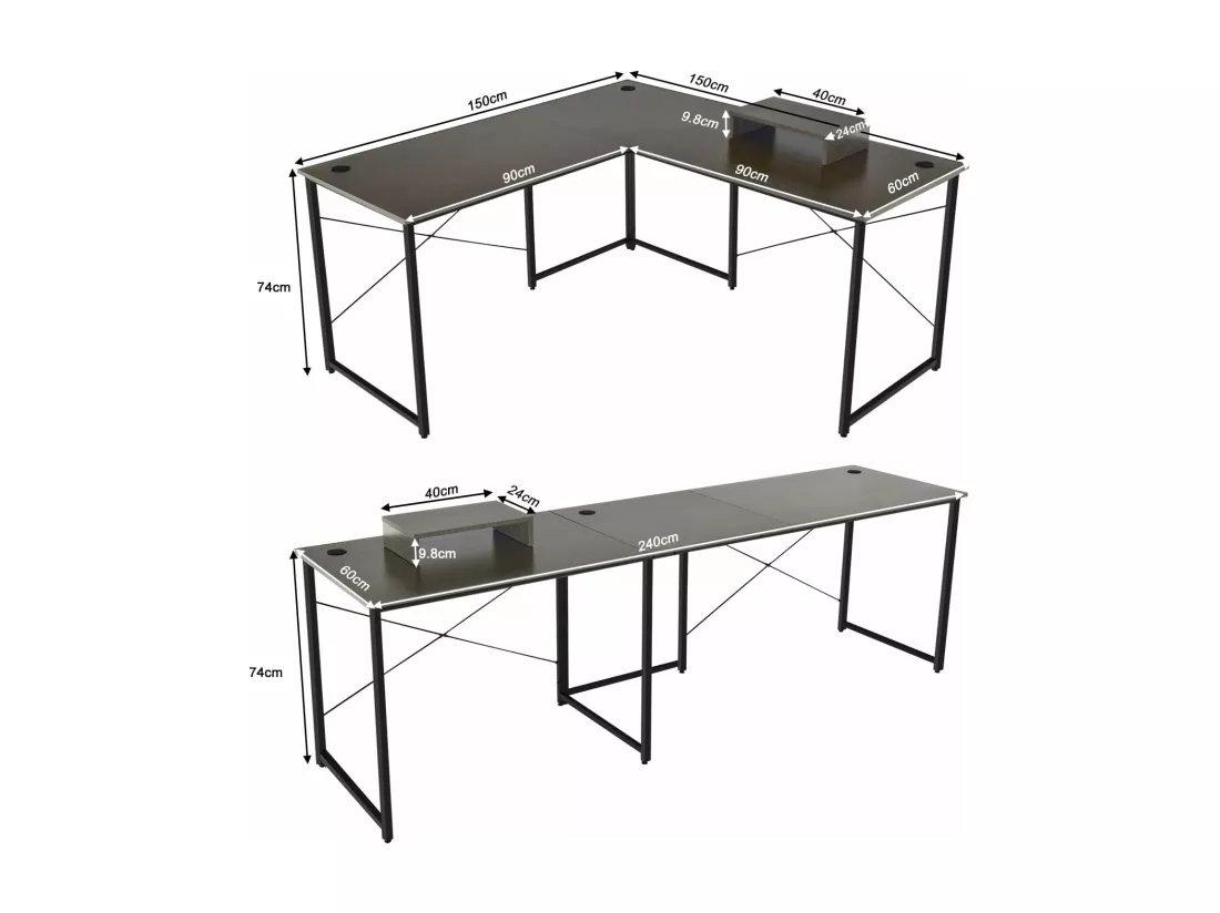 Bureau d'angle en L Réversible avec Support de Moniteur/Poste de Travail Industriel pour 2 Personnes avec 3 Trous de Câble-Assemblage Facile-150 x 150 x 74 CM, Brun