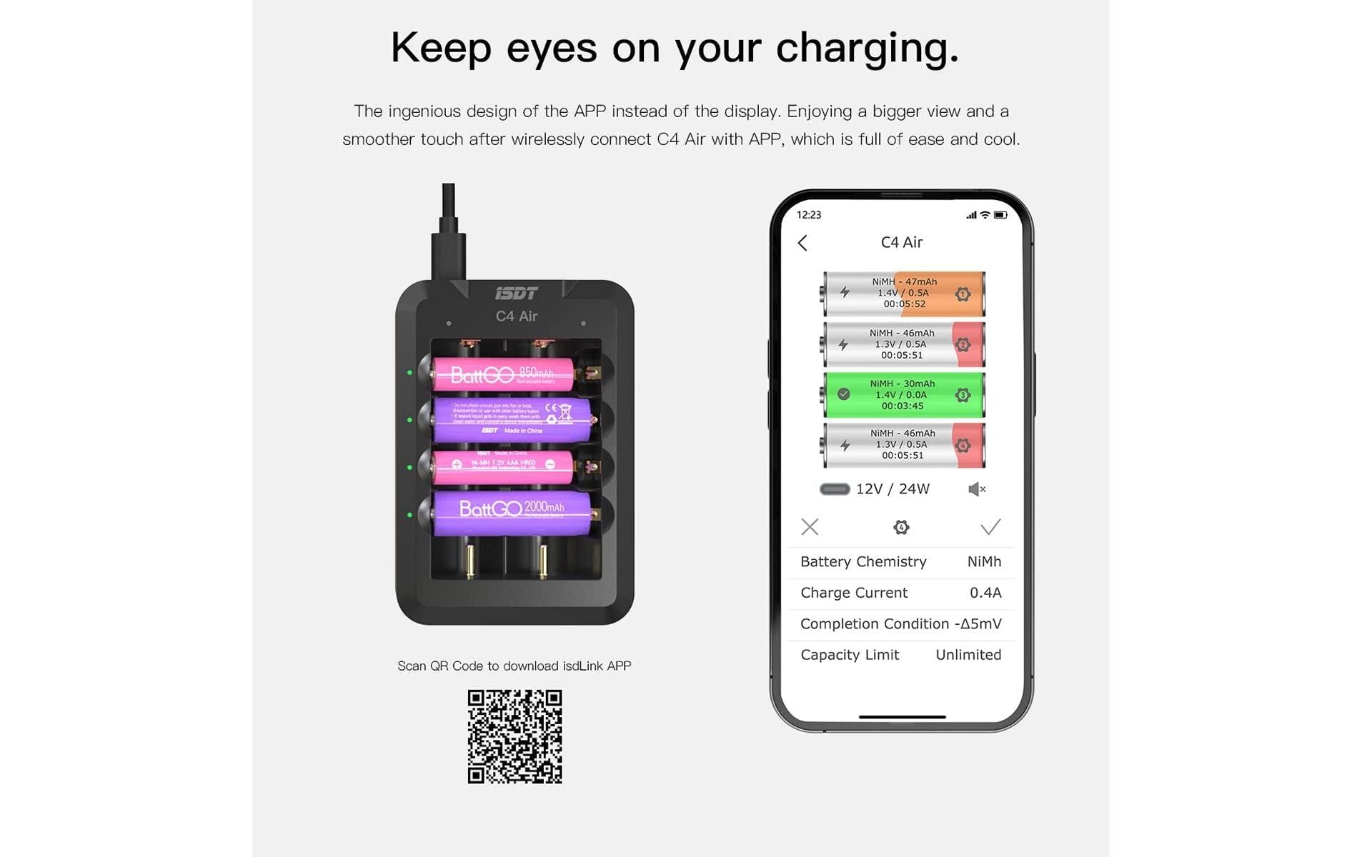 Ladegerät C4 Air USB-CLadegerät für Li-Ion, Li-fe, NiMH und NiZn Rundzellen wie 18650, AA, AAA und viele mehr