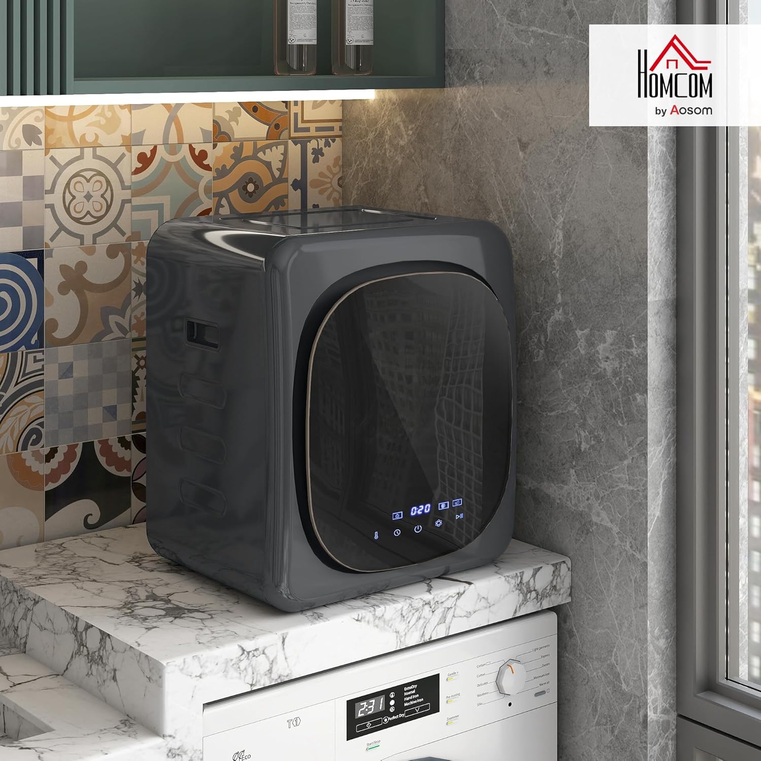 HOMCOM Mini Wäschetrockner mit 6 Programm LED-Touchscreen 4 kg bis zu 60℃, 800W Freistehend Wandmontierbar Ablufttrockner mit Überhitzungsschutz Ablufttrockner für Kleidung Grau