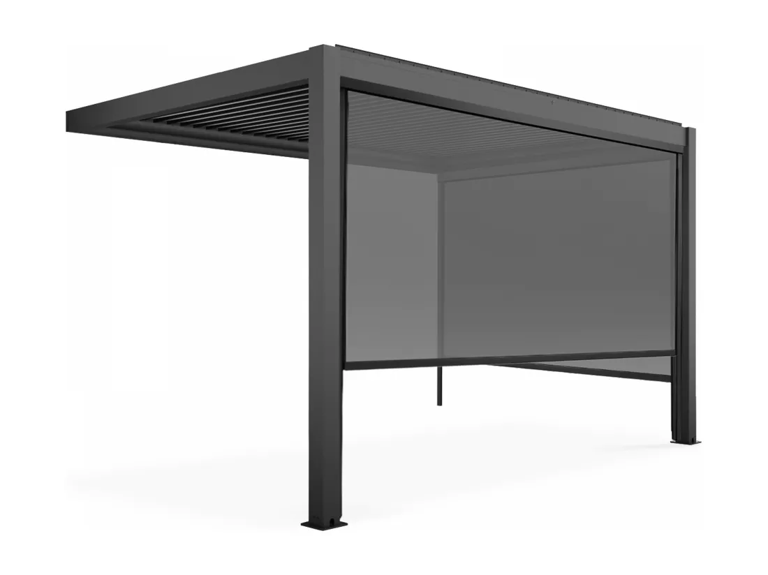Pergola bioclimatique adossée grise 3x4m et 2 stores
