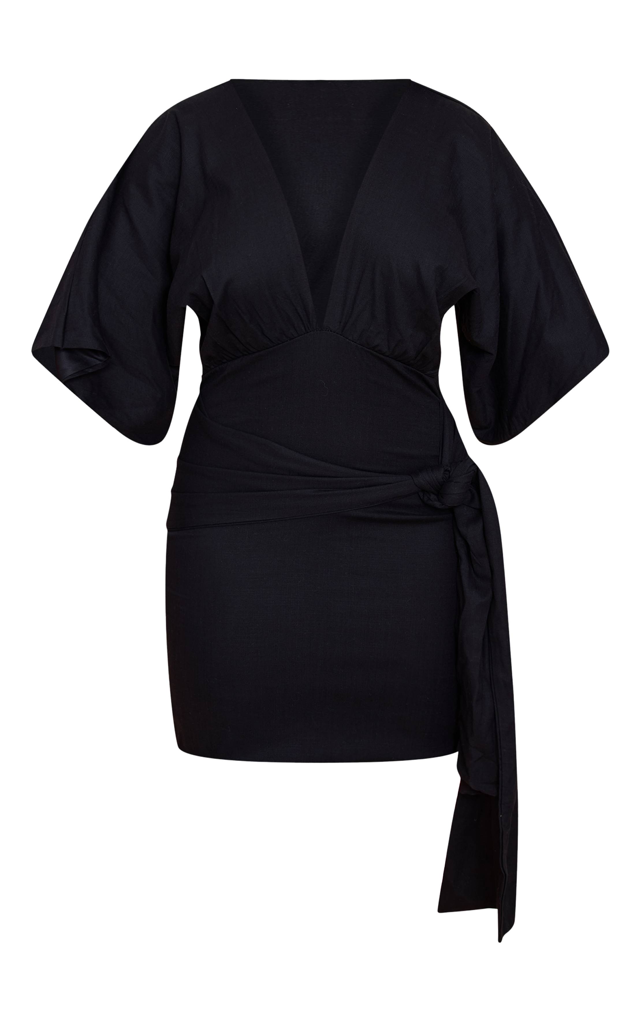 Noir Robe Mini Portefeuille En Lin À Décolleté Plongeant Et Manches Chauve-souris Avec Ceinture Nouée Shape