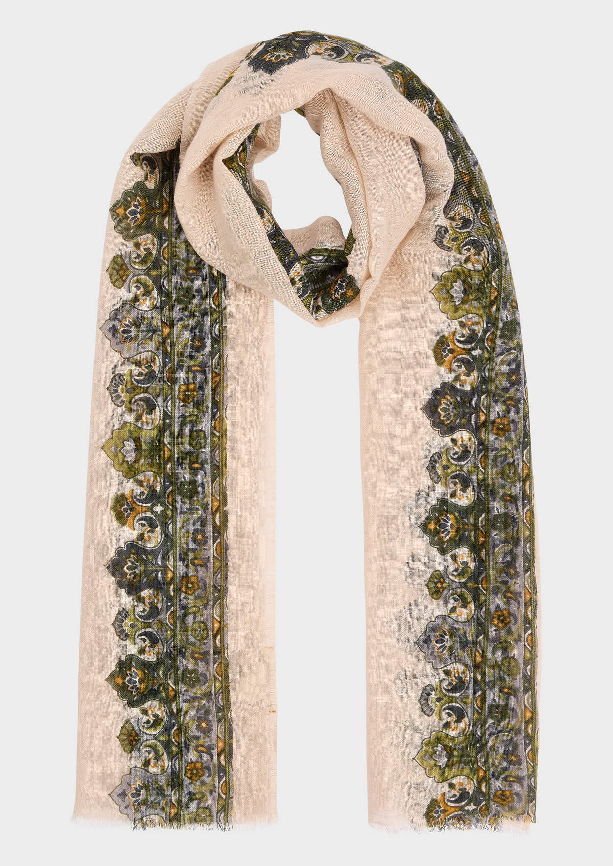 Echarpe en lin et coton beiges à motif fantaisie