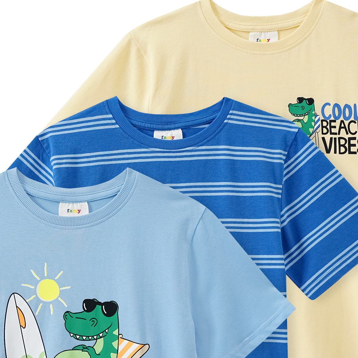 Famy 3 Jungen T-Shirts in verschiedenen Dessins hellblau / hellgelb / blau