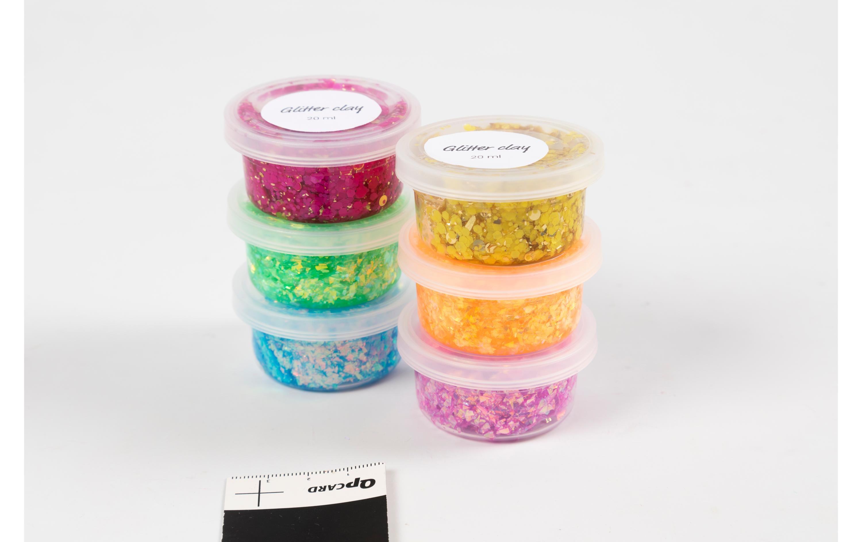 Modelliermasse Glitter Clay 6 x 20 ml, Sortierte FarbenTransparente Modelliermasse mit Glitzerflocken