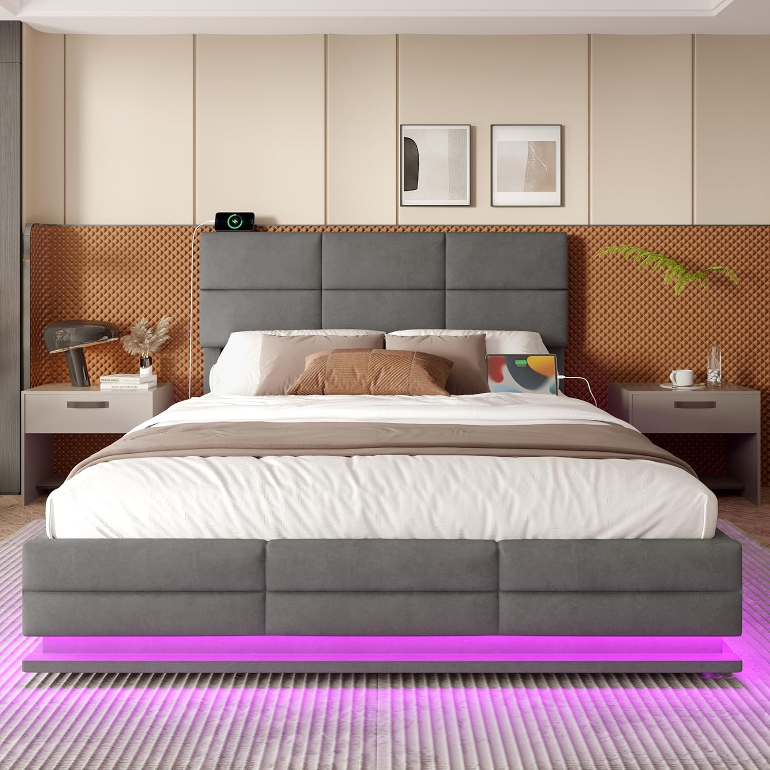 Polsterbett Doppelbett 180x200, LED Jugendbett Hydraulisches Stauraumbett mit Stauraum&USB Ladefunktion, Funktionsbett Bettgestell mit Höhenverstellbarem Kopfteil&Lattenrost, Samt, Ohne Matratze, Grau