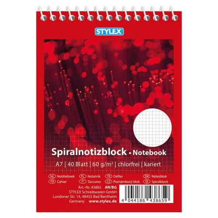 Stylex Spiral-Notizblock mit 40 Blatt, DIN A7, kariert, 10 Stück