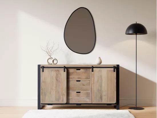 Buffet avec 2 portes et 3 tiroirs en bois de manguier et métal - Naturel et noir - HARLEM II