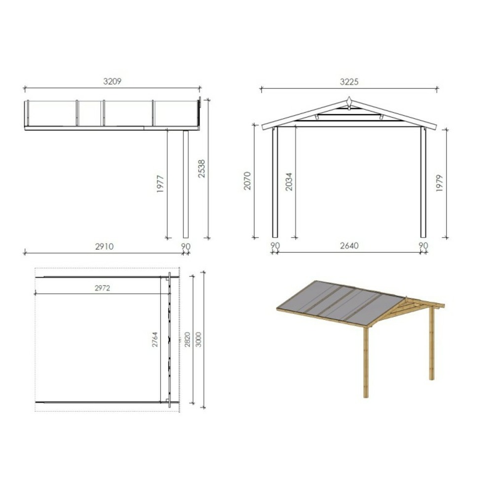 Abri de jardin en bois - 3x3 m - 18 m2 + terrasse avec balustrade et avant-toit en bois