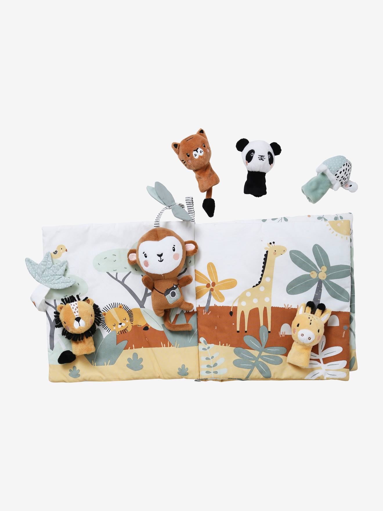 Livro de estímulos + brinquedos de pelúcia de veludo cinza claro liso da Tanzânia com estampas.