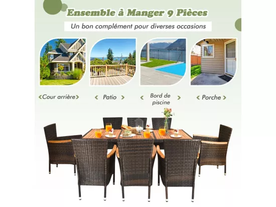 Salon de Jardin en Rotin et fibre naturelle 9 Pièces pour 8 Personnes Plateau de Table en Acacia, Ensemble de Salle à Manger de Patio, Chaque Chaise Charge 180KG