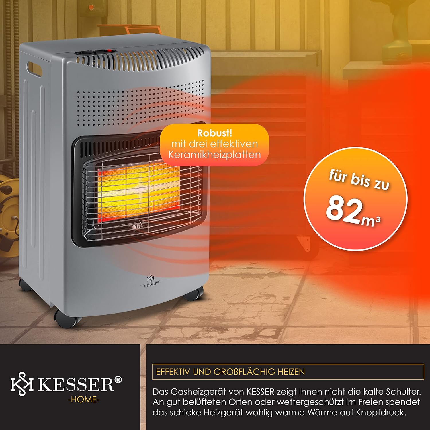 KESSER® 4200 Watt Keramik Piezo Gasheizer inkl. Gasdruckregler Gasschlauch + Schutzhülle, Gasheizofen Heizstrahler Gasheizgerät Infrarot Keramikbrenner, Butan- oder Propangasflaschen bis 15kg, Grau