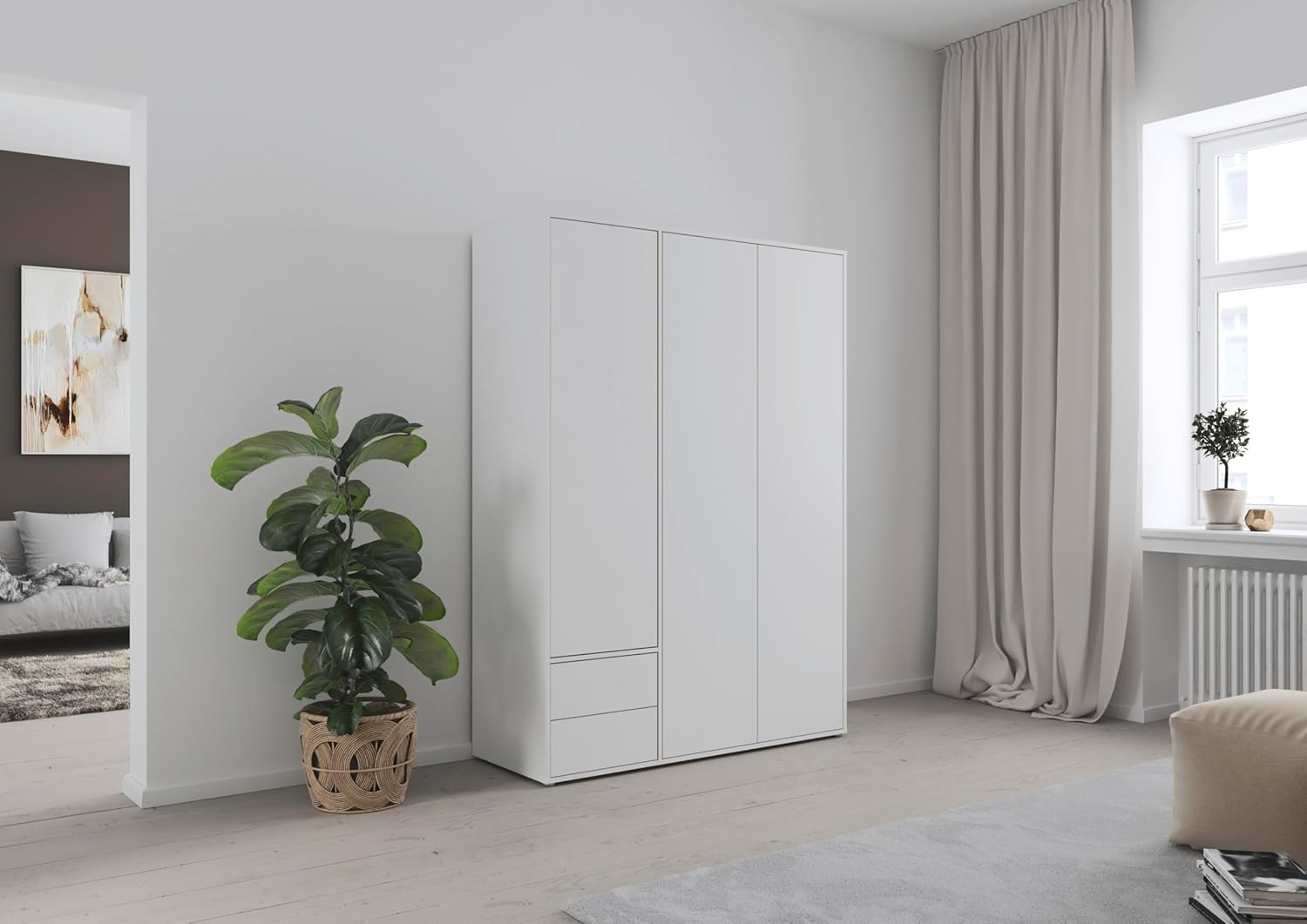 Rauch Möbel Nabila Kleiderschrank für Schlafzimmer, Kinderzimmer, Jugendzimmer, Flur, 3-türig, 2 Schubladen, Push-to-Open, mit Zubehör Classic, Farbe Weiß, Breite 140 cm