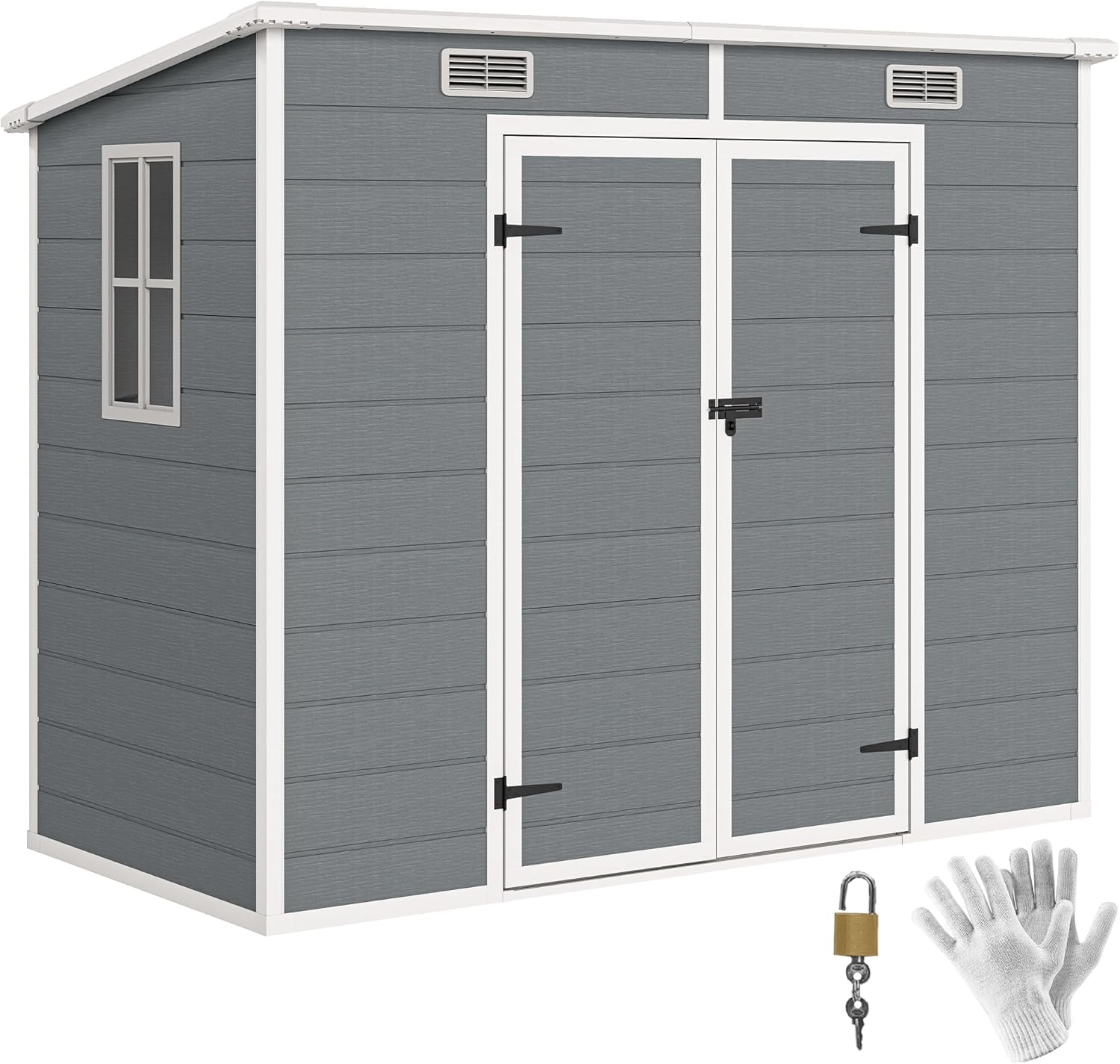 Outsunny Gerätehaus 2,54m², Wasserdicht Gartenhaus mit Boden Pultdach, 238x125x183/165 cm, Geräteschuppen mit Abschließbar Tür, Fenster Fahrradgarage Gartenschrank aus Alu, für Hinterhof, Garten, Grau