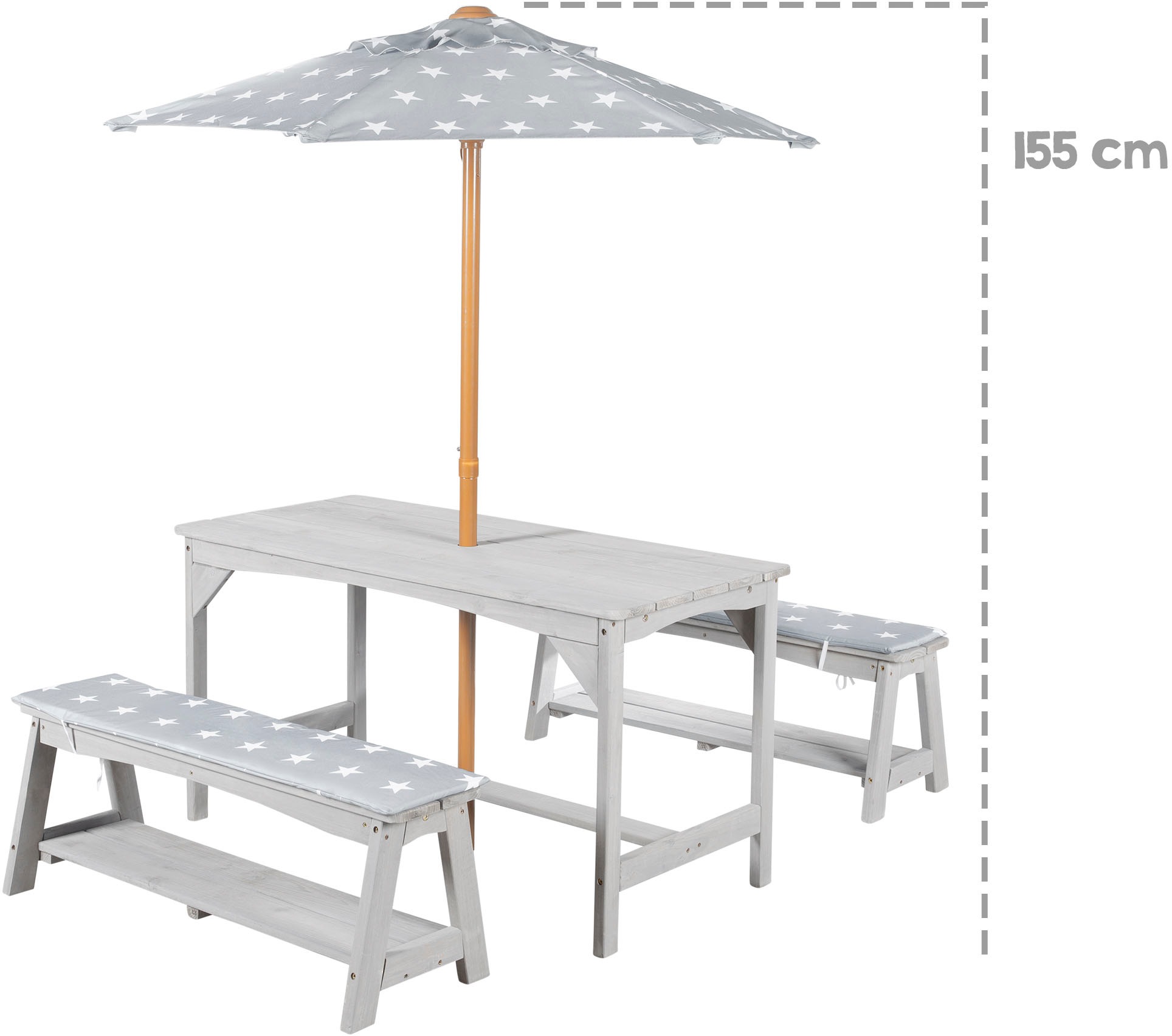 roba® Garten-Kindersitzgruppe »Outdoor+« Set, 3 Stk. tlg. Tisch und 2 Bänke mit Sitzauflage, Schirmset