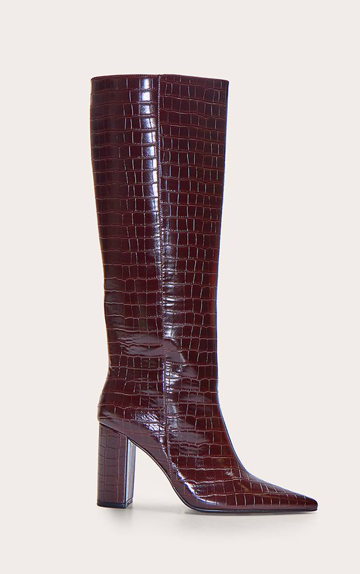 Chocolat Botte Haute À Bout Pointu Talon Bloc Effet Croco